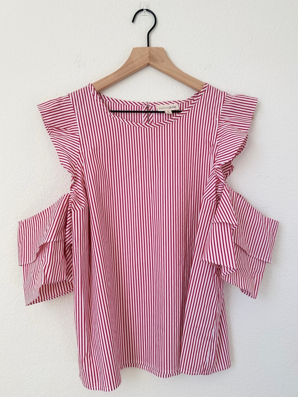 Maison Jules Red & White Striped Cold-Shoulder Ruffle Blouse Size L